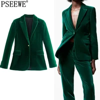 pseewe za 2021 green velvet blazer women vintage elegant female blazer long sleeve button jacket woman office suit autumn jacket