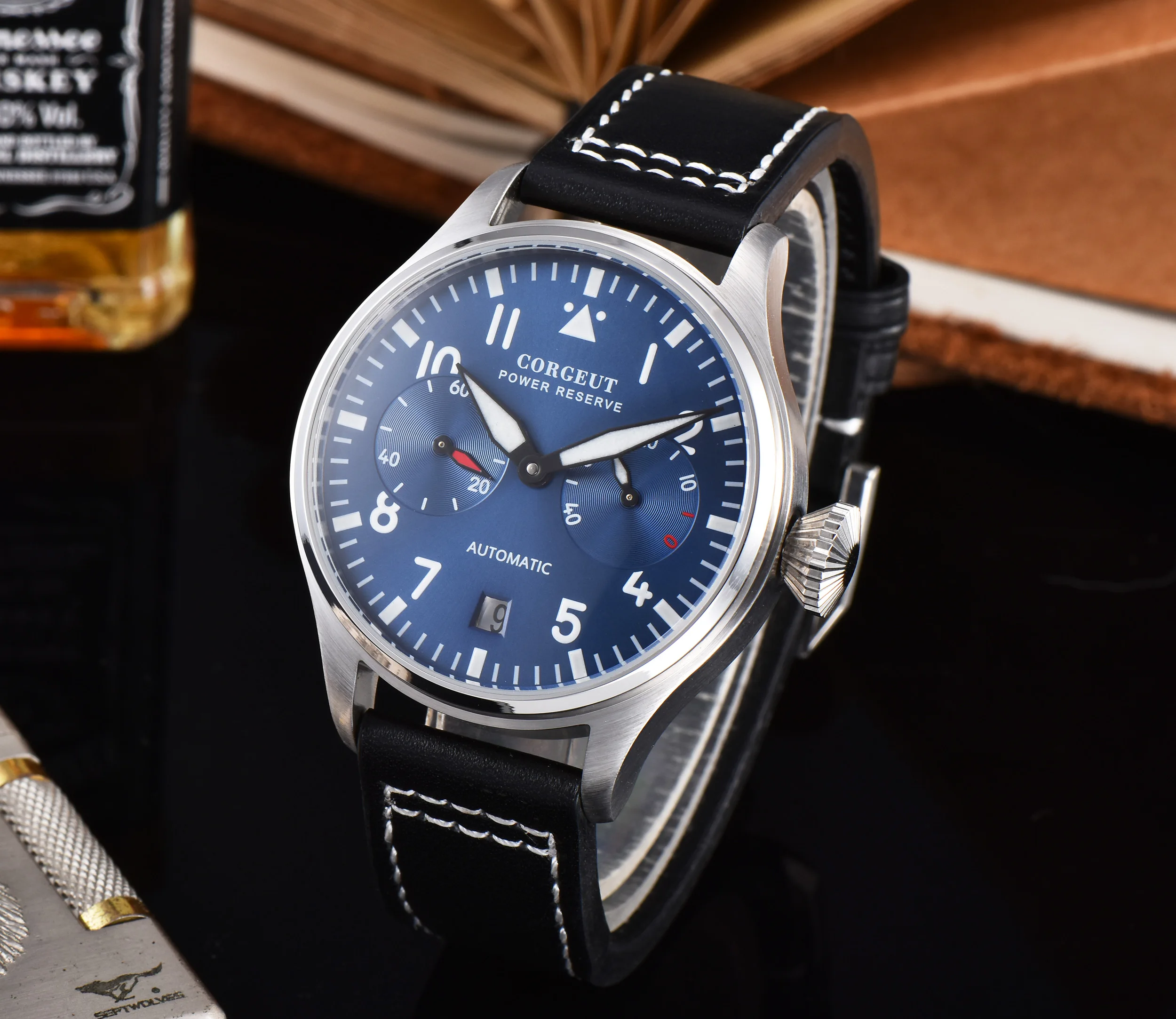 Corgeut42MM автоматические механические наручные часы мужские светящиеся Дата синий циферблат нержавеющая сталь настоящий пояс 316L нержавеющая сталь Водонепроницаемый
