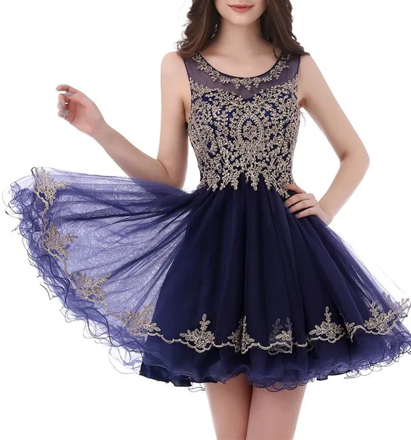 

2022 new luckgirls Embroidery print small round neckknee-length Dark Navy beauty Party Homecoming Dresses