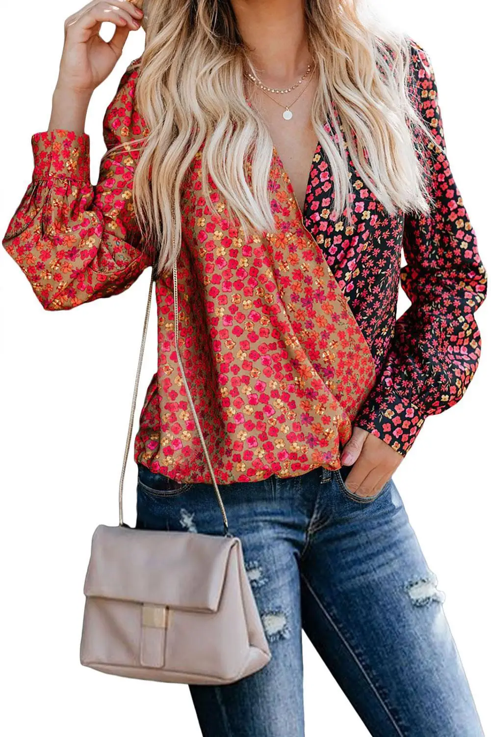 Новинка Леопардовый принт контрастный v образный вырез длинный рукав блузка