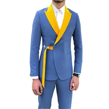 O mais recente design azul homem terno com cinto de casamento smoking ajuste fino 2 peças do noivo baile blazer personalizado terno terno masuclino trajes hommes (2)