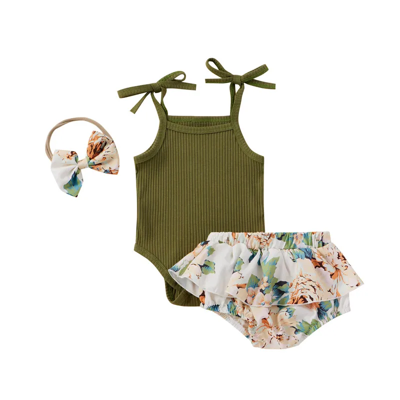 

Summer Newborn Baby Girl 3Pcs Outfits Sleeveless Rompers Bodysuits Shorts Headband Infant Toddler Girl Clothes