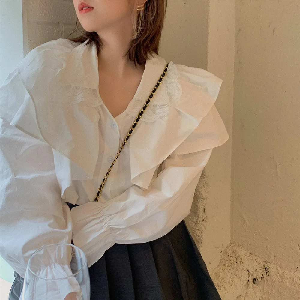 

Korean Version Japanese Blouse Spring Autumn The New Fashion Loose Simple Thin Best Sellers Lace Ruffle V-neck Long Sleeve