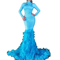 blue sparkling rhinestones dress feathers split fork fishtail dress party evening costume nightclub dance wear performance suit
