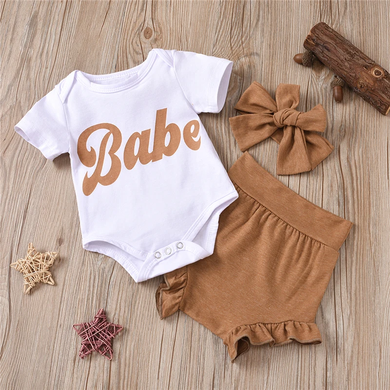 

2021 Summer Baby Set Newborn Girls Clothes Baby Top+PP Shorts+headband Outfits Letter Bodysuit Set 3-18 Months Clothing