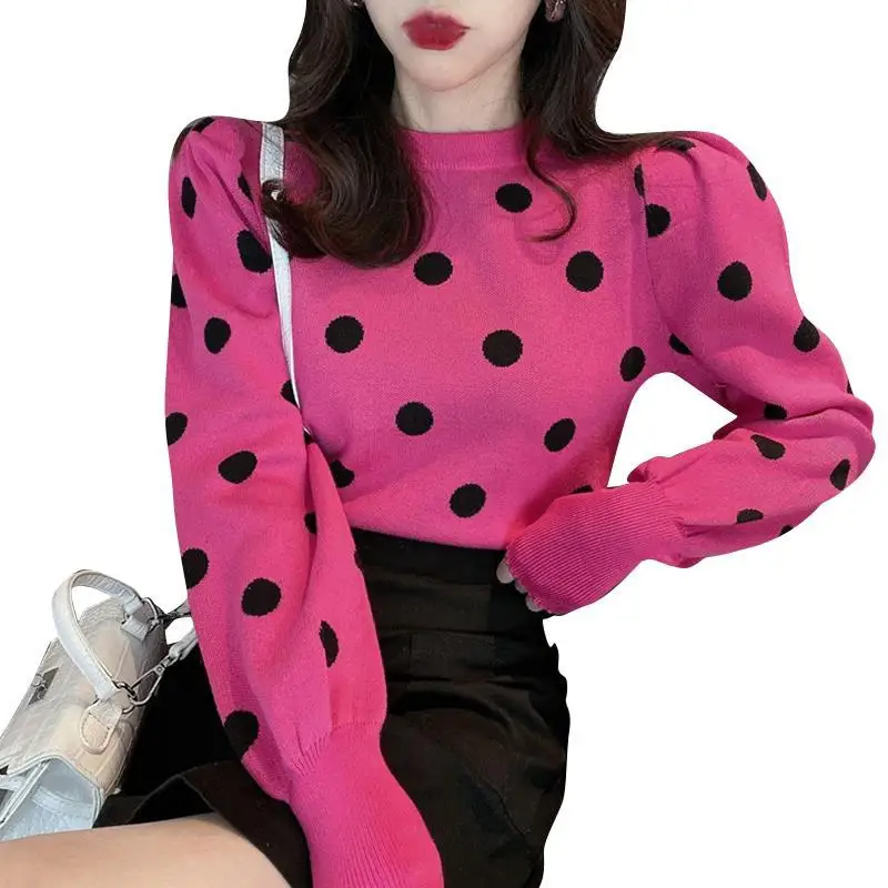 

Fashion Color Contrast Polka Dot Sweater Women 's Slimming 2021 New round Neck Pullover Short Puff Sleeve Sweater Top Fashion