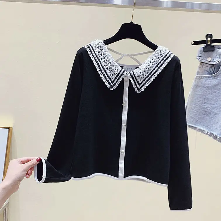 

2021 autumn new women's color striped long sleeve T-shirt doll collar slim top