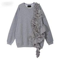 loose fit gray ruffles irregular sweatshirt new round neck long sleeve women big size fashion spring autumn 2021