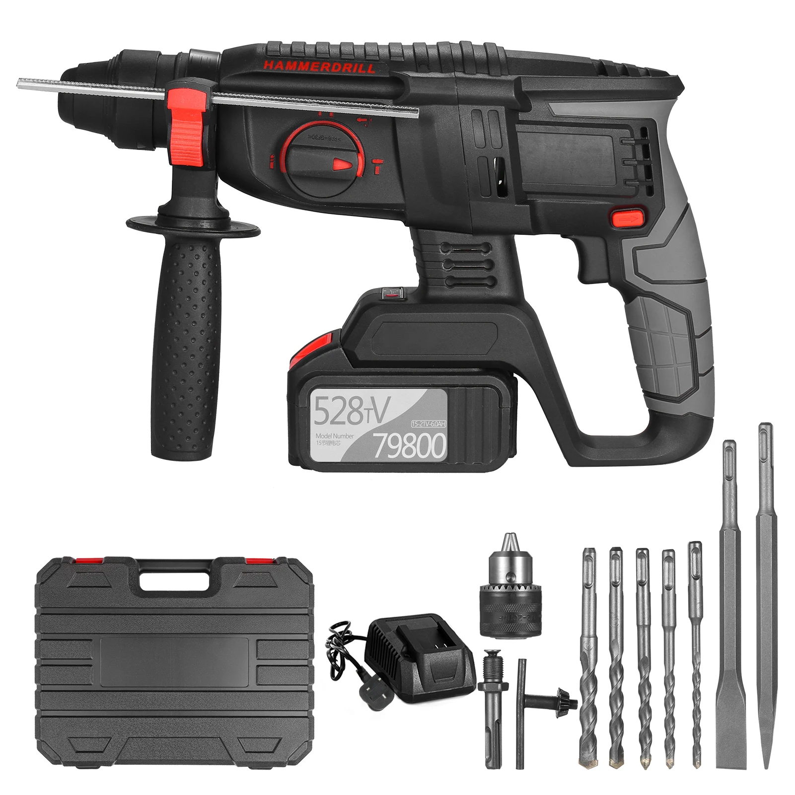 

21V Brushless Heavy Duty 4 Function Rotary Hammer Drill 1 Inch SDS-plus Grip Handle 980 RPM Cordless Drill Demolition Kit