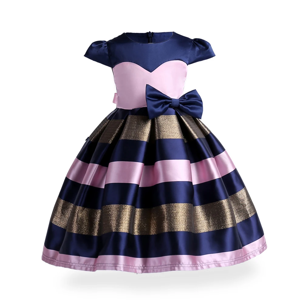 

Party Formal Short Sleeve Summer Soft Wedding Fashion A Line Splicing Striped Girls Dress