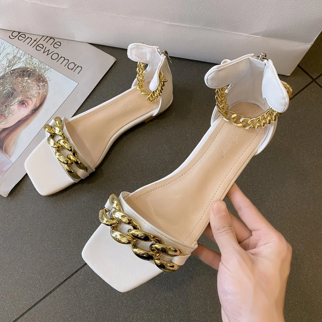 

Summer Women Sandals Ankle Strap Chain Square Toe Women's Sexy Pumps Ladies Thin Heels Shoes Female Footwear Plus Size 2021