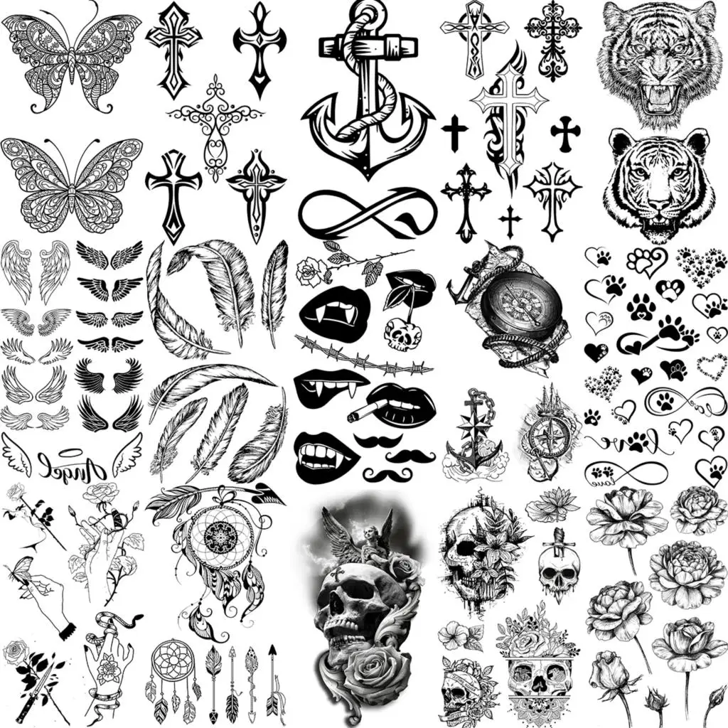 

Lip Anchor Feather Cross Temporary Tattoos For Women Adult Kids Butterfly Tiger Wings Flower Fake Tattoo Neck Finger Small Tatoo