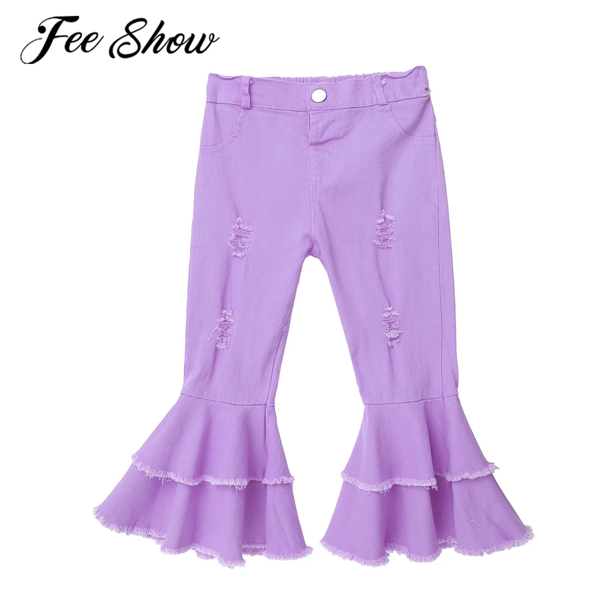 

New Girls Ripped Jeans Fashion Flare Pants Pure Color Toddler Girl Jeans Elastic Waistband Layered Flared Trousers Kids Pants