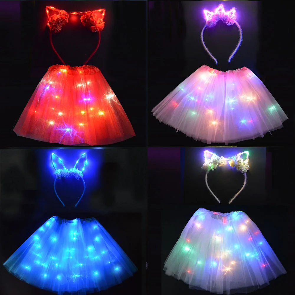 Светодиодный юбка пачка с цветочным рисунком кошка короной лента для волос со
