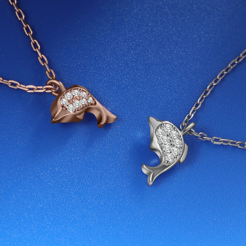 

New Real S925 Zircon Dolphin Pendant Fashion Jewelry Necklace Pendants Set Chain Fashion Accessories Jewel Women 2Color