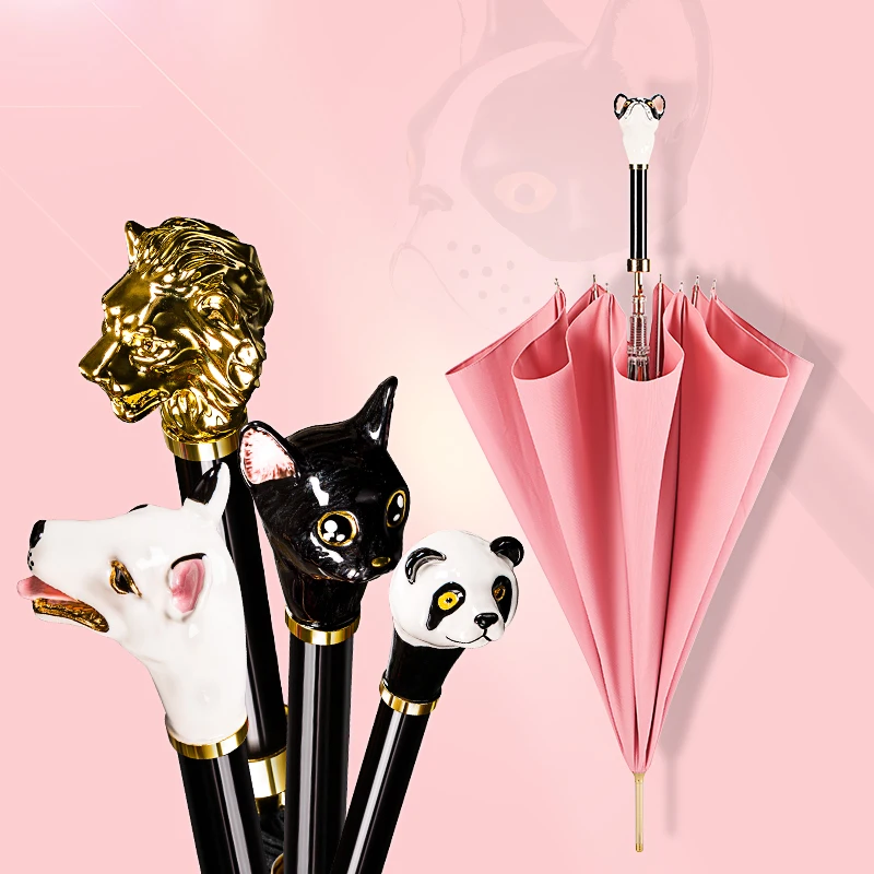 Женский зонт с длинной ручкой креативный зонтик головой животного дождем