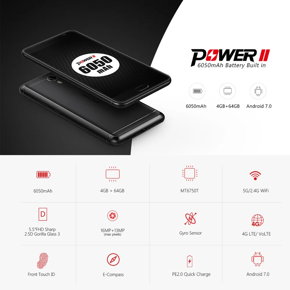 Смартфон Ulefone power 2, 4G, 5,5 дюймов, FHD, четыре ядра, Android 7,0, 4 Гб ram, 64 ГБ rom, 13,0 МП+ 8,0 МП, 6050 мАч, телефон