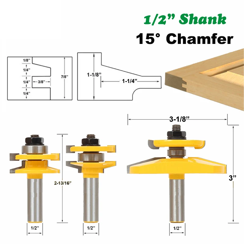 

3 шт./компл. 1/4 "хвостовик 1/2 мм фреза для резьбы по дереву 15 градусов фаска дверь шкафа фреза рельса и стиль приподнятая панель