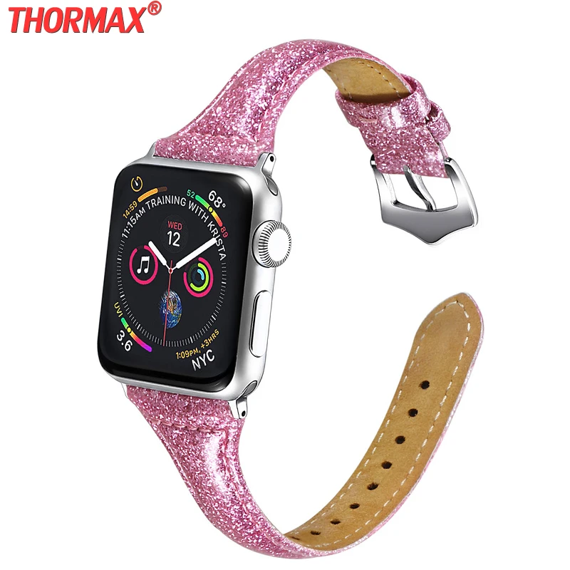 Кожаный ремешок для Apple Watch Series 5 4 3 2 Блестящий тонкий браслет iWatch 40/44/38/42 мм
