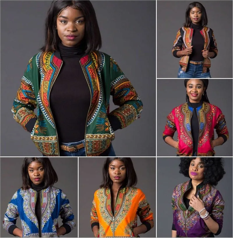 Модная африканская куртка-бомбер с принтом Дашики, Женская Короткая Толстовка с карманами на молнии в стиле бохо, повседневный обрезанный свитер, одежда для женщин зеленого цвета