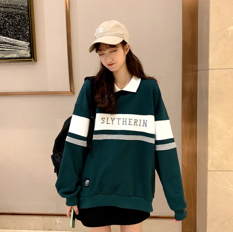 Hoodies Oversized Polo Collar Stitching Sweatshirt Women Contrast Color Fake Two-piece Coat Letter Print Pullover Female Tops | Женская