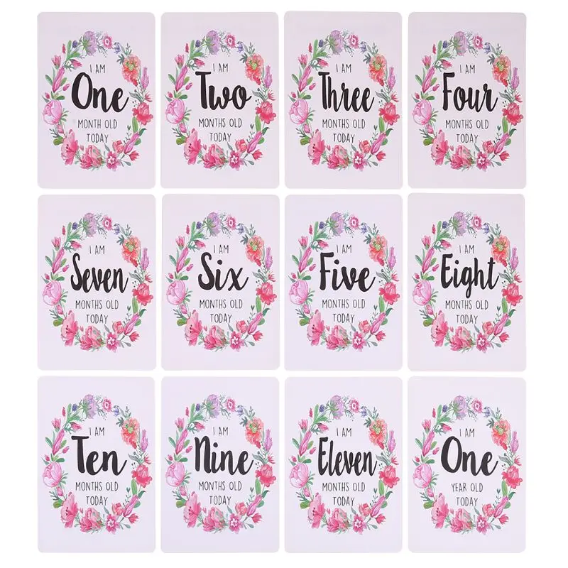

P15C Baby Girls Boys Milestone Photo Sharing Cards, Age Cards 0-12M, 12 Cards Gift Set