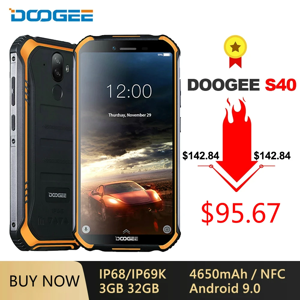 

DOOGEE S40 IP68/IP69K 4G Rugged Mobile Phone Android 9.0 5.5'' 18:9 Display 4650mAh MT6739 Quad Core 3GB 32GB NFC Face ID Phone