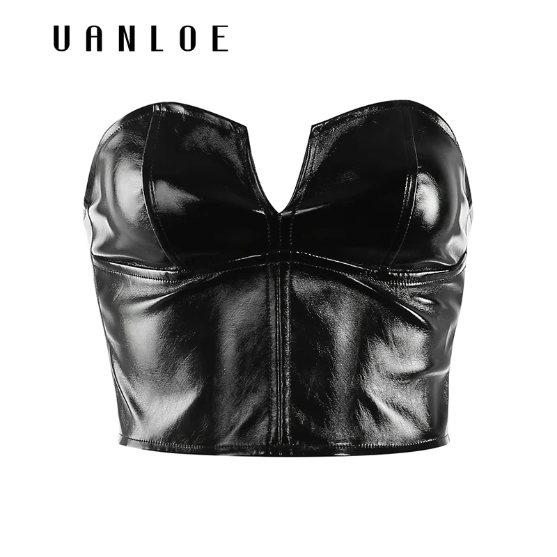 

Sexy PU Leather Bodycon Backless Tube Top Women Black Zipper Strapless Bandeau Top Streetwear Tube Bra Women
