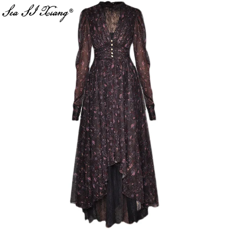 

Женское асимметричное платье Seasixiang, дизайнерское весеннее платье с длинным рукавом и оборками, с цветочным принтом, для отпуска