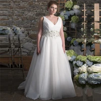 v neck organza beaded waistline wedding dress plus size a line bridal gowns spring long sleeveless bride dress custom 2021