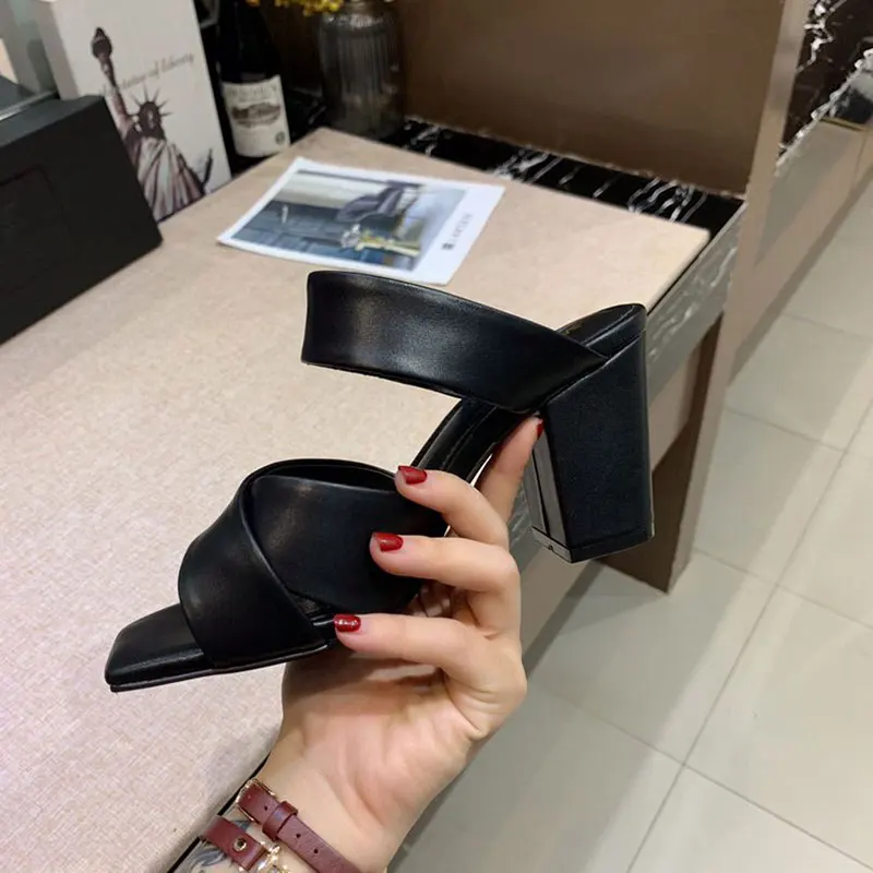 New Fashion Luxury Sandals Women Designers Genuine Leather Slip-On Hoof Heels Super High(8cm-up) Women Sandals