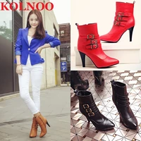 kolnoo handmade womens mid heels ankle boots buckles straps pointed toe patent leather martin booties evening fashion shoes t051