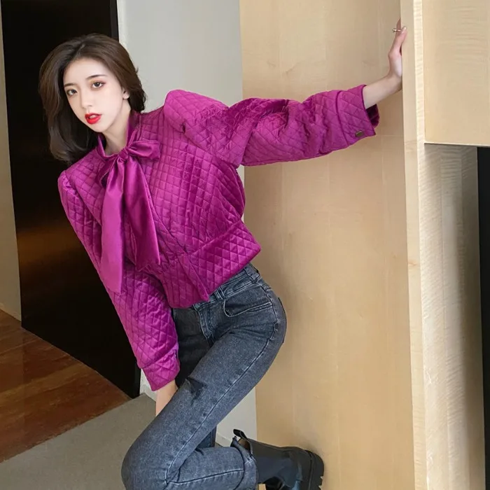 

Autumn Winter Tie Bow Velvet Pressed Cotton Short Jacket Women's Korean Fashion Temperament Cotton Padded Clothes Coat