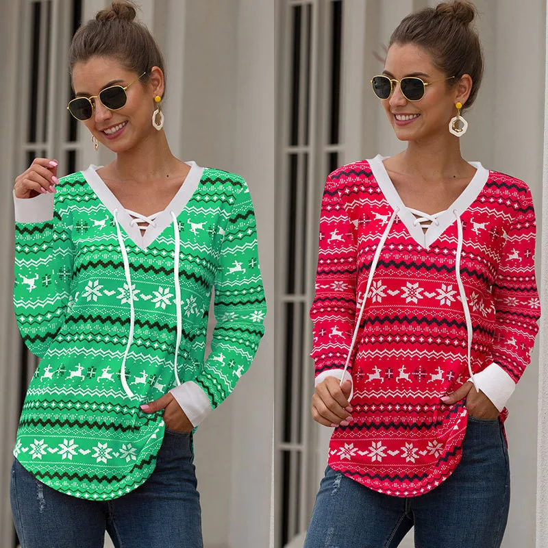 

Xmas Printed Women's Sweatershirt V-neck Long Sleeve Loose Casual Hoodies Shirt Ladies Tops 2020 New Girls Hoody Autumn Tops