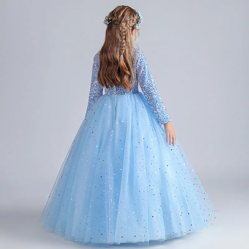 

Children Girls Luxury Long Sleeves Autumn Winter Long Sleeves Birthday Evening Party Princess Fluffy Dress Kids Piano Host Dress