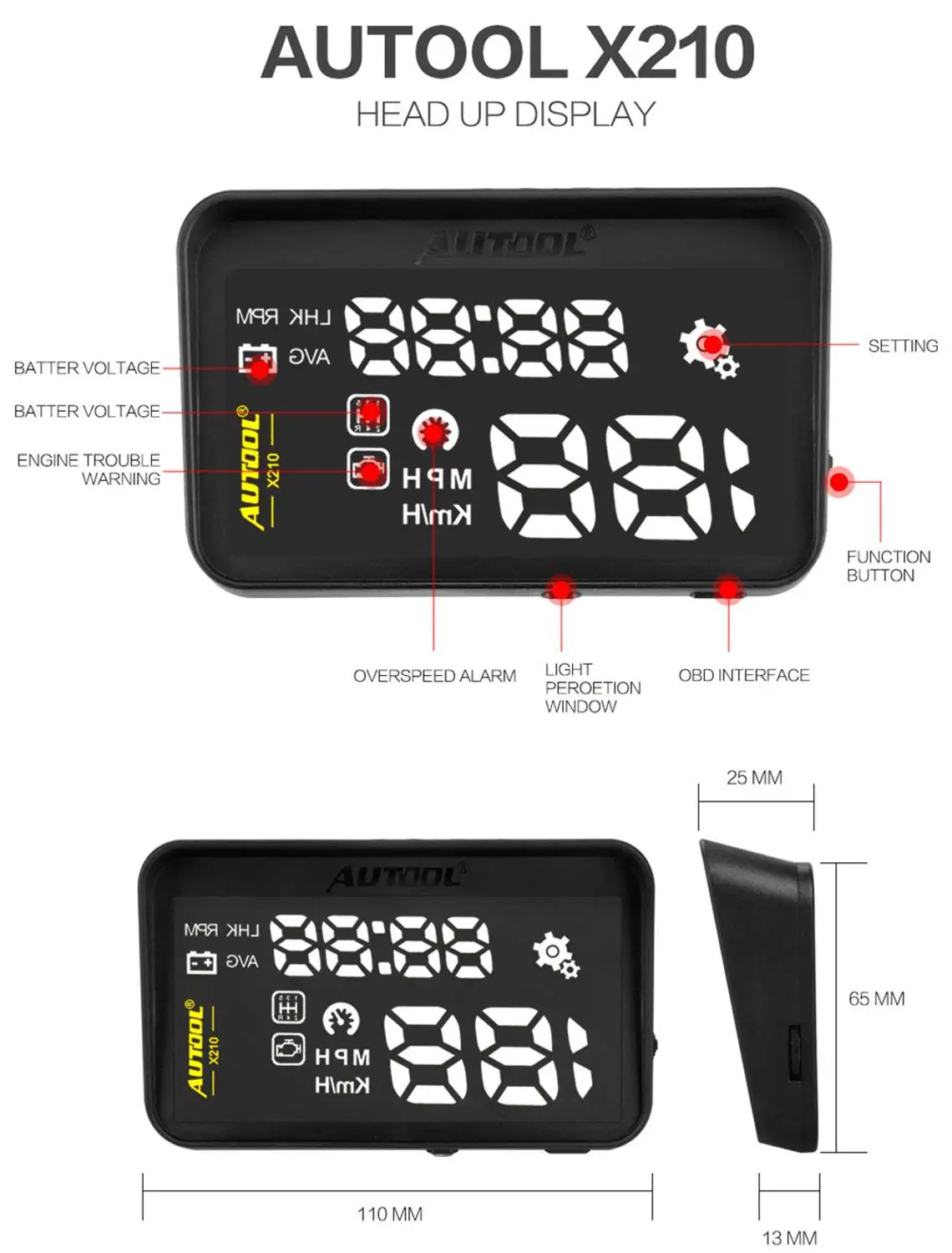 OBD2 лобовое стекло автомобиля HUD Дисплей с скоростью усталость Предупреждение