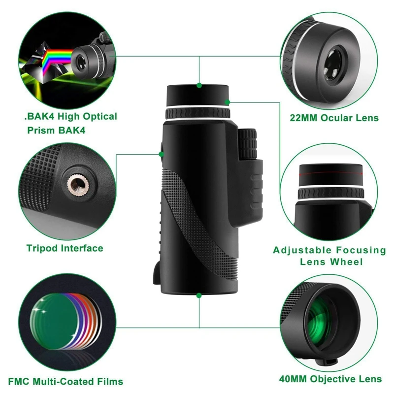 

10x42 Monocular Telescope Compact Waterproof Bak4 Professional HD FMC Film External Zoom Phone Lens with Tripod Phone Clip