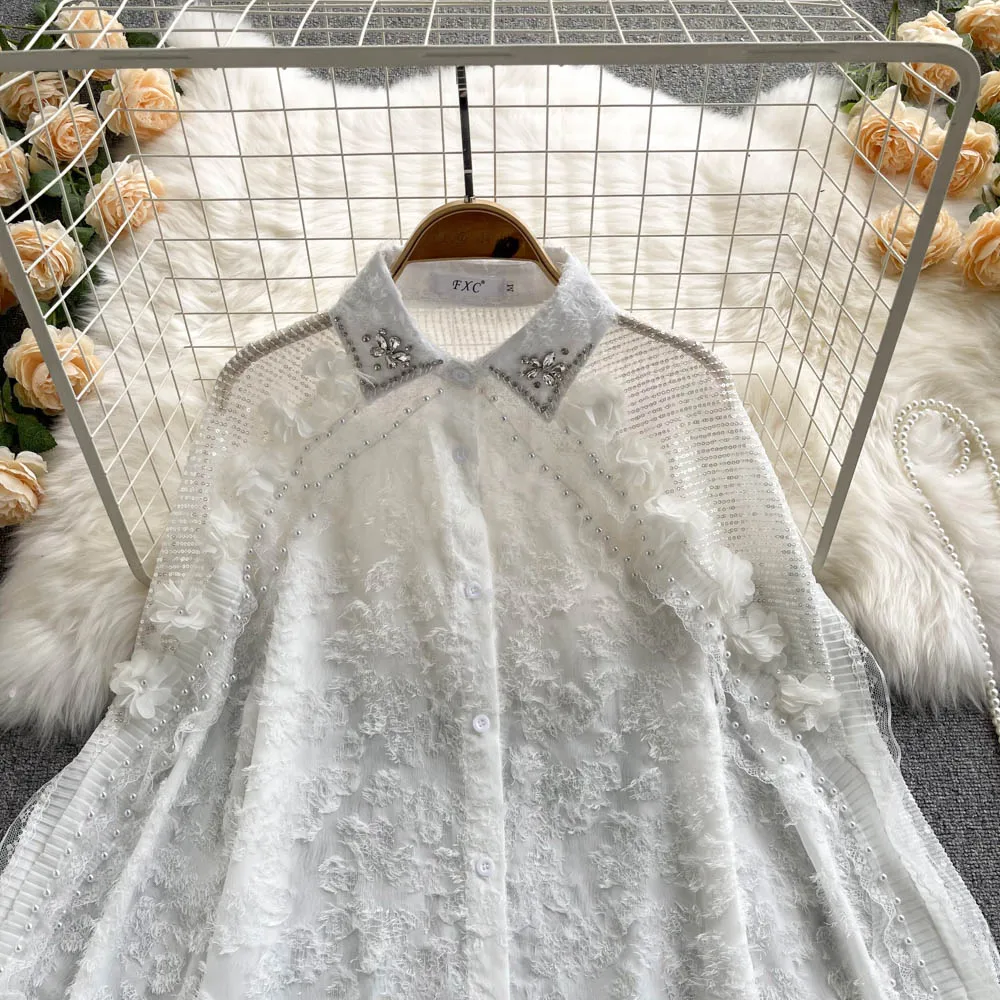 SINGREINY Новая Женская французская блузка с бисером и отложным воротником сетчатая