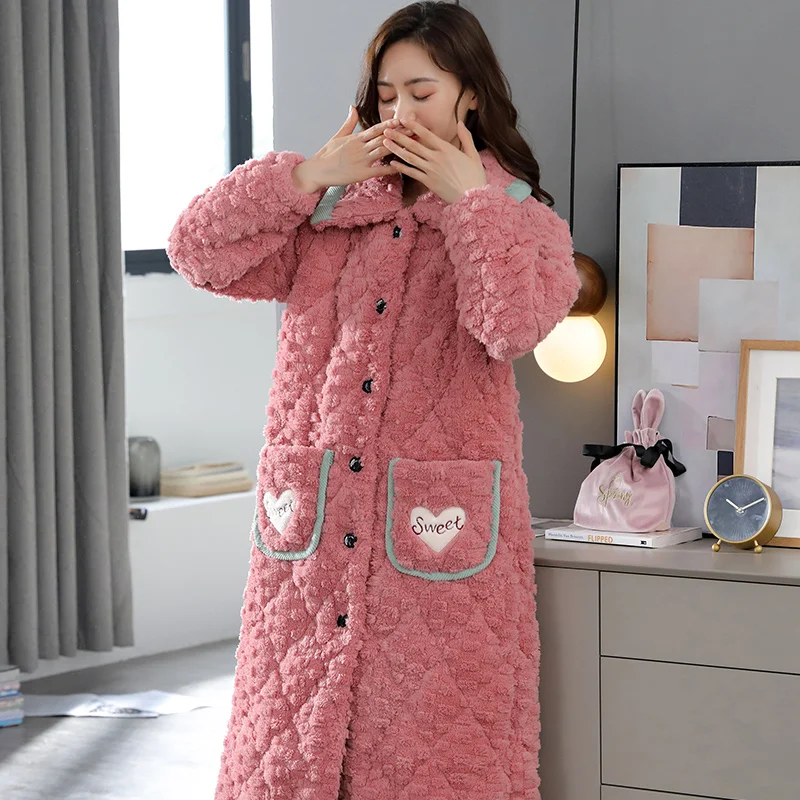 Winter New Flannel Kimono Bathrobe Gown Coral Fleece Sleepwear Women Home Clothes Oversized Thicken Nightgown Nightwear Warm