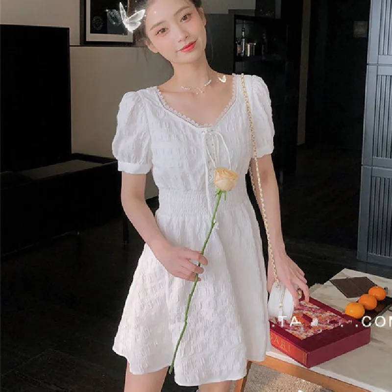 

Korean Vintage Chic Mini Dress Women 2021 Summer French Elegant Square Collar Casual Lace Midi Puff Sleeve One-piece Dresses