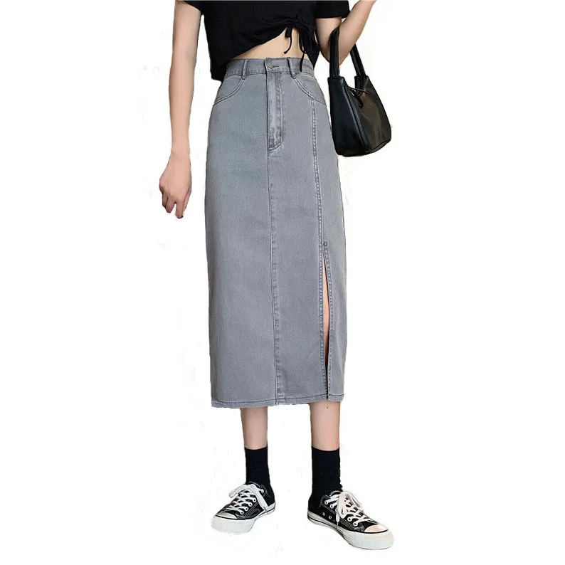 

In the summer of 2020, the new ins retro side slit denim skirt bag hip long high waist slim A-line skirt woman