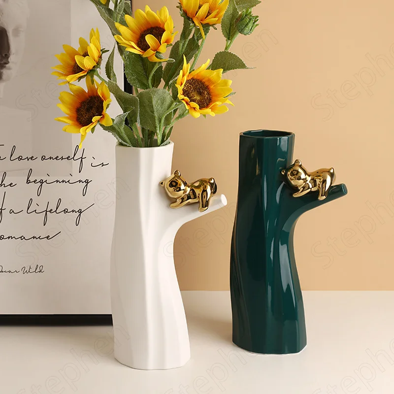 

Creativity Tree Trunk Lying Bear Ceramic Vase Nordic Modern Painted Dried Flowers Vases Office Desktop Flower Pots Decorative