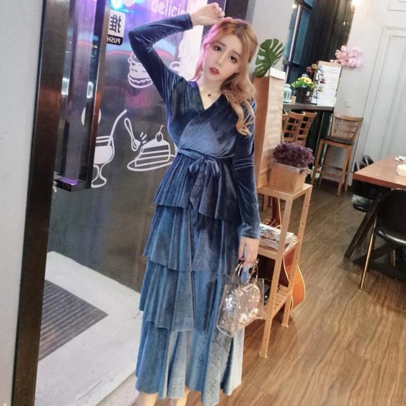 Женское вельветовечерние платье Young Gee Повседневное с длинным рукавом