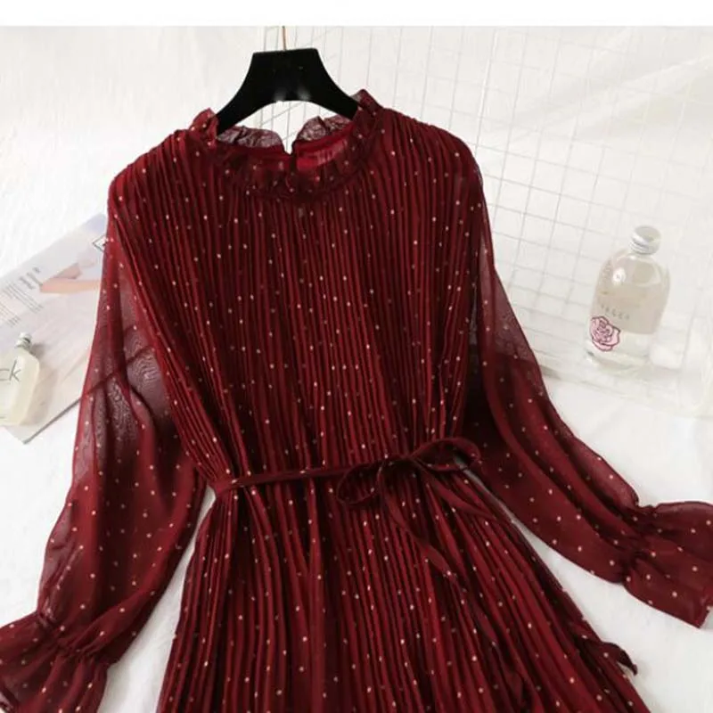 

Print Women Pleated Chiffon Dress 2020 Spring Autumn New Hot Fashion Female Casual Flare Sleeve Lotus Leaf Neck Party Dresses