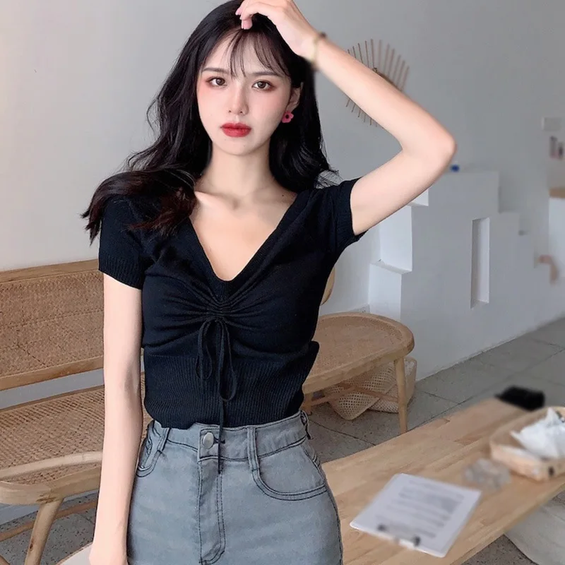 

Women Solid Color V-neck T Shirt Summer Casual Slim Knitted Short Sleeve Tee Female Fashion Drawstring Top