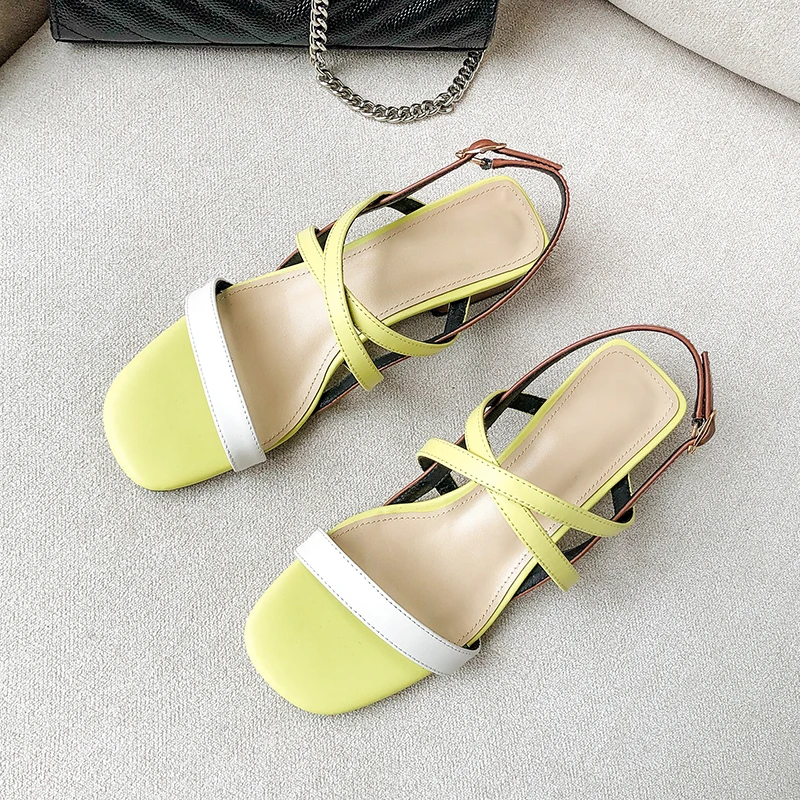 New women sandals genuine leather thick high heels sandals woman mixed colors cross buckle ladies dress party shoes