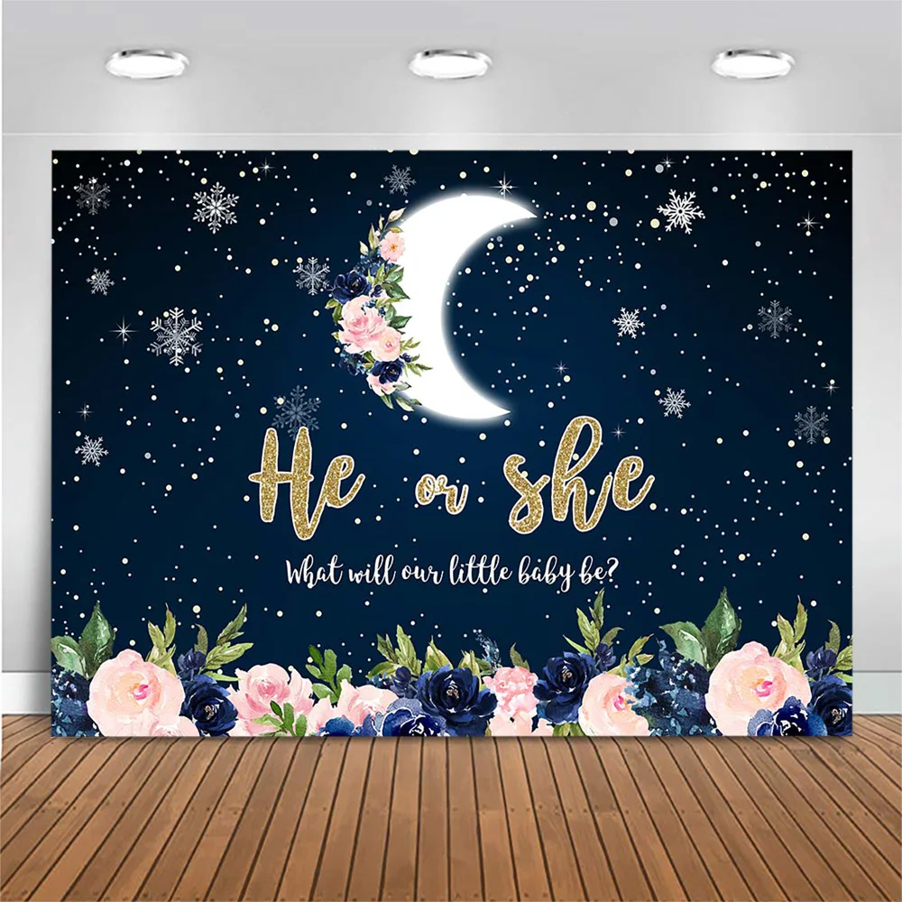 

Mocsicka He or She Baby Shower Backdrop Photography Newborn Gender Reveal Party Photo Background Photocall Flower Moon Snowflake