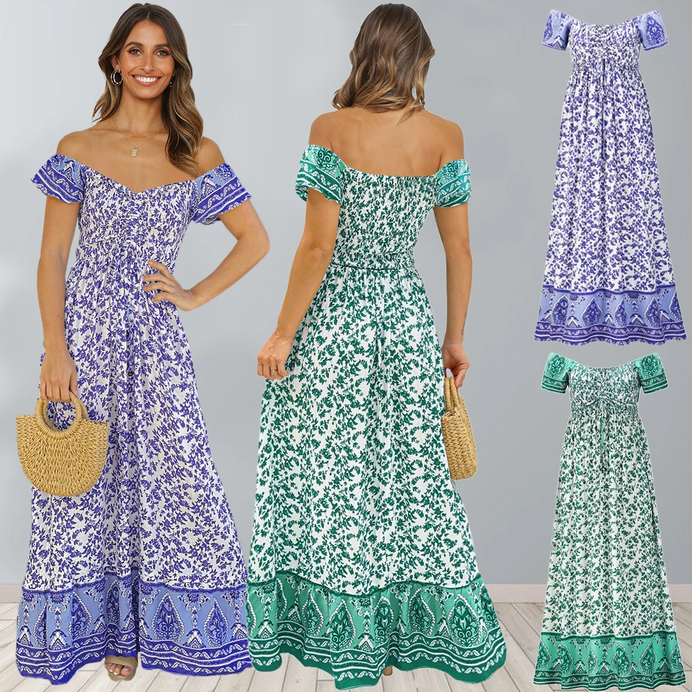 

2022 New Women Summer Long Dress Floral Short Sleeve Strapless Ankle-Length Casual Wear Night Part Dress Clothes Beachwear