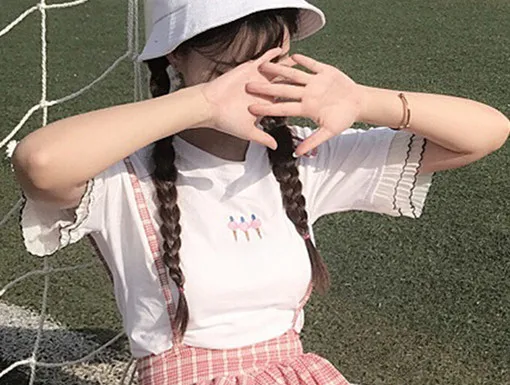 Kawaii Лолита юбка японский стиль 90 подростков мягкая Сестра Дейзи аппликации кружева лоскутное рюшами Сарафан в клетку юбки - Цвет: white tshirt