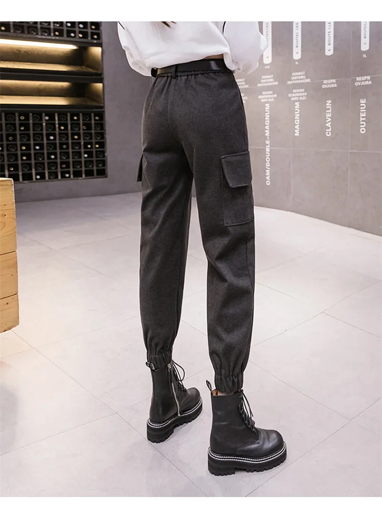 

2021 Harajuku style BF woolen waist harem pants female handsome chain belt old pants loose big pocket carrot pants